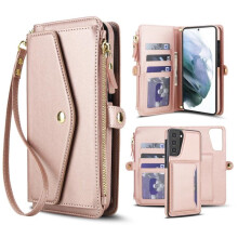 Compatible with Samsung Galaxy S21+ 5G RFID-blocking 2-in-1 PU leather wallet case with magnetic flip, card slots, zipper pocket, detachable shoulder
