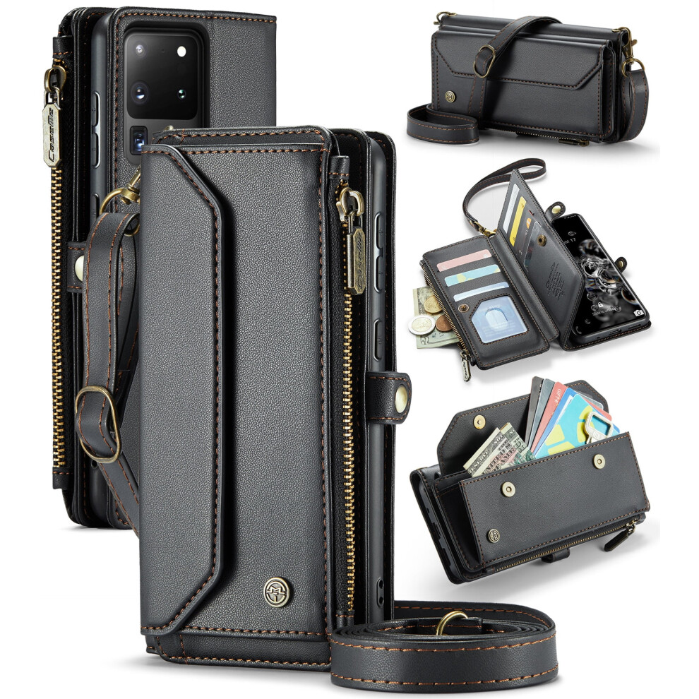 Caseme Leather Wallet Case For Compatible With Samsung Galaxy S20ultra Â Rfid Blocking, 10-Card Holder, Zipper Bills Slot, Magnetic Wrist Strap 9165521631896