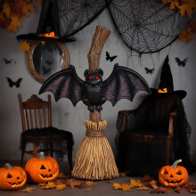 Figurine de chauve-souris balai d'Halloween en résine avec yeux rouges, décoration de table pour l'intérieur et l'extérieur de la maison ou de la