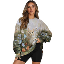 Damska bluza typu oversize z nadrukiem w kwiaty i koty XXXL