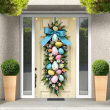 Frühlings-/Sommer-Osterkranz – 180 cm künstlicher Eier- und Blumenkranz mit Willkommensschild, für Haustür, Wand, Fenster – Grüne Dekoration