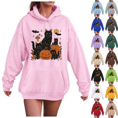 Γυναικεία oversized φούτερ με κουκούλα για το Halloween με στρογγυλή λαιμόκοψη και μακριά 1