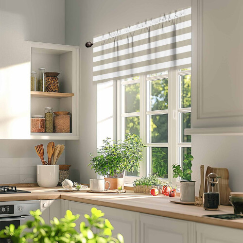 Cortina de varão listrada em bege e branco, 42x12 polegadas, com bolso para varão, filtra a luz – compatível com varões padrão. 2