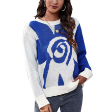 Pulover tricotat la modă cu mânecă lungă pentru femei, pulover supradimensionat, design abstract cu trandafir, ținută casual, guler rotund,