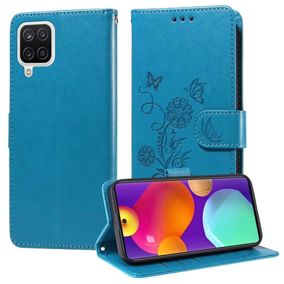 Butterfly Flower Flip Case With Card Slots & Cash Compartment, Shockproof Kickstand, Compatible With Samsung Galaxy A12 4G/5G Blue 9558633036367