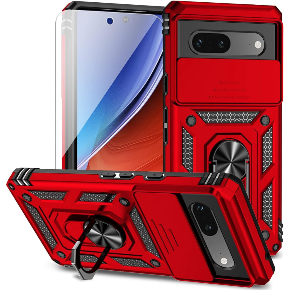 Google Pixel 7A Case With Slide Camera Cover, Hd Screen Protector, Military-Grade Drop Tested, Magnetic Ring & Kickstand – Red 9181073441042