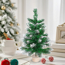 White Flocked Mini Christmas Tree 17.72in, PVC, Snow-Covered, Sturdy Wood Base – Tabletop Decor for Kitchen, Desk, Party