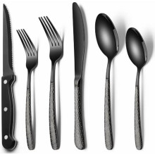 24-Pc Black Hammered Silverware Set with Steak Knives, Stainless Steel, Food-Grade, for 4, Mirror Finish