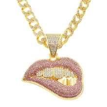 Colier cubanez hip hop cu buze roz, cu pandantiv, cu lanț cubanez Miami de 13 mm, gheață, Bling, coliere hip hop, bijuterii de modă
