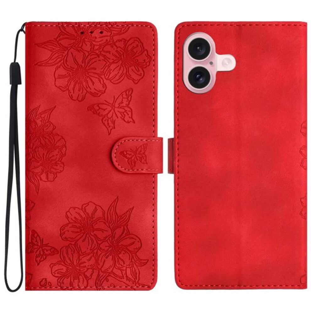 Cherry Blossom Butterfly Embossed Leather Wallet Case For Red 9418476987816