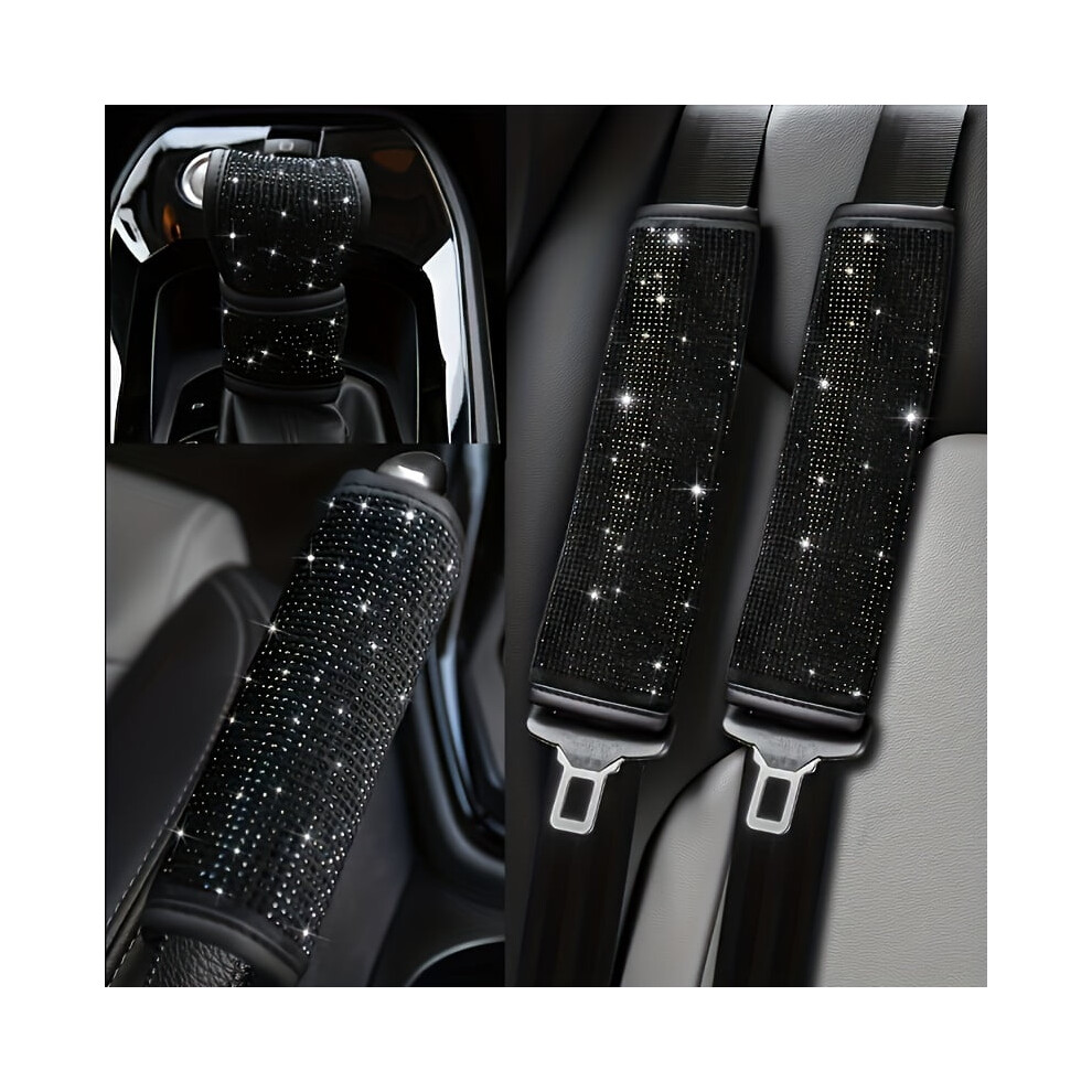 Four-Piece Car Seat Belt Shoulder Pad, Gear Shift Cover, Handbrake Cover Interior Set With Rhinestone Embellishments 9558633039726