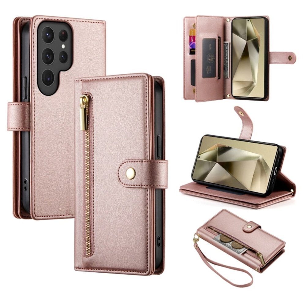 Leather Wallet Case For Samsung Galaxy S24 Ultra 5G (6.8"), Multi-Card Slots, Zipper Pocket, Lanyard Strap Â Compatible With S24 Ultra Pink 9558633039955