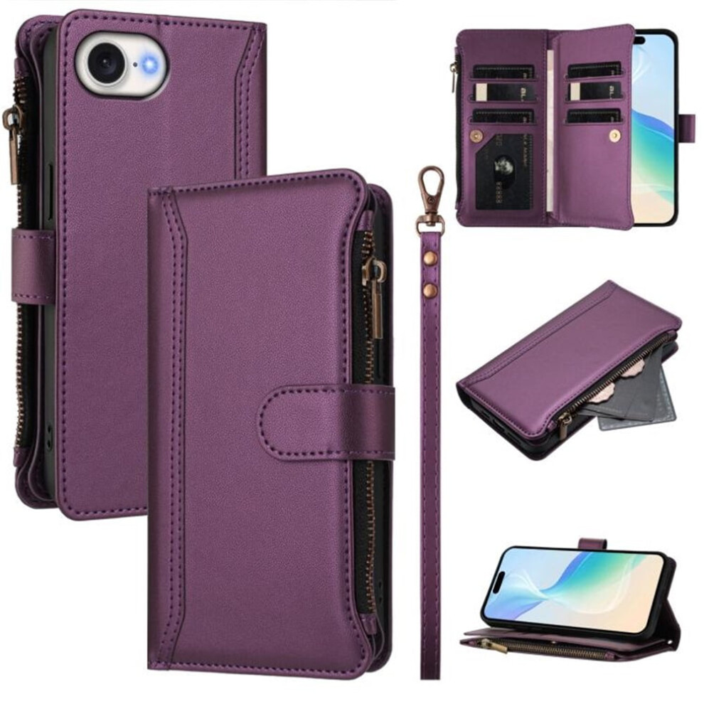 Iphone 16E Wallet Case Â Pu Leather Magnetic Flip, 9 Card Slots, Zipper Pocket, Detachable Wrist Strap, Shockproof, Compatible With Iphone Purple 9558633040647