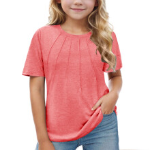 Girls Pleated T-Shirts Kids Summer Short Sleeve Solid Color Tops Tees Pink 9-10 Years