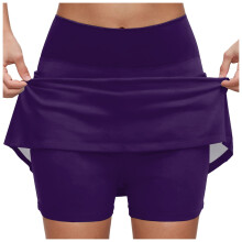 Damen-Skorts mit Taschen, hochgeschnittene Sporthose mit Shorts darunter, dunkelviolett, Größe L