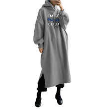 Damen-Maxikleid mit Kapuze, locker geschnitten, langärmelig, mit Alphabet-Print, Kapuzenpullover, Schlitz am Saum und Taschen