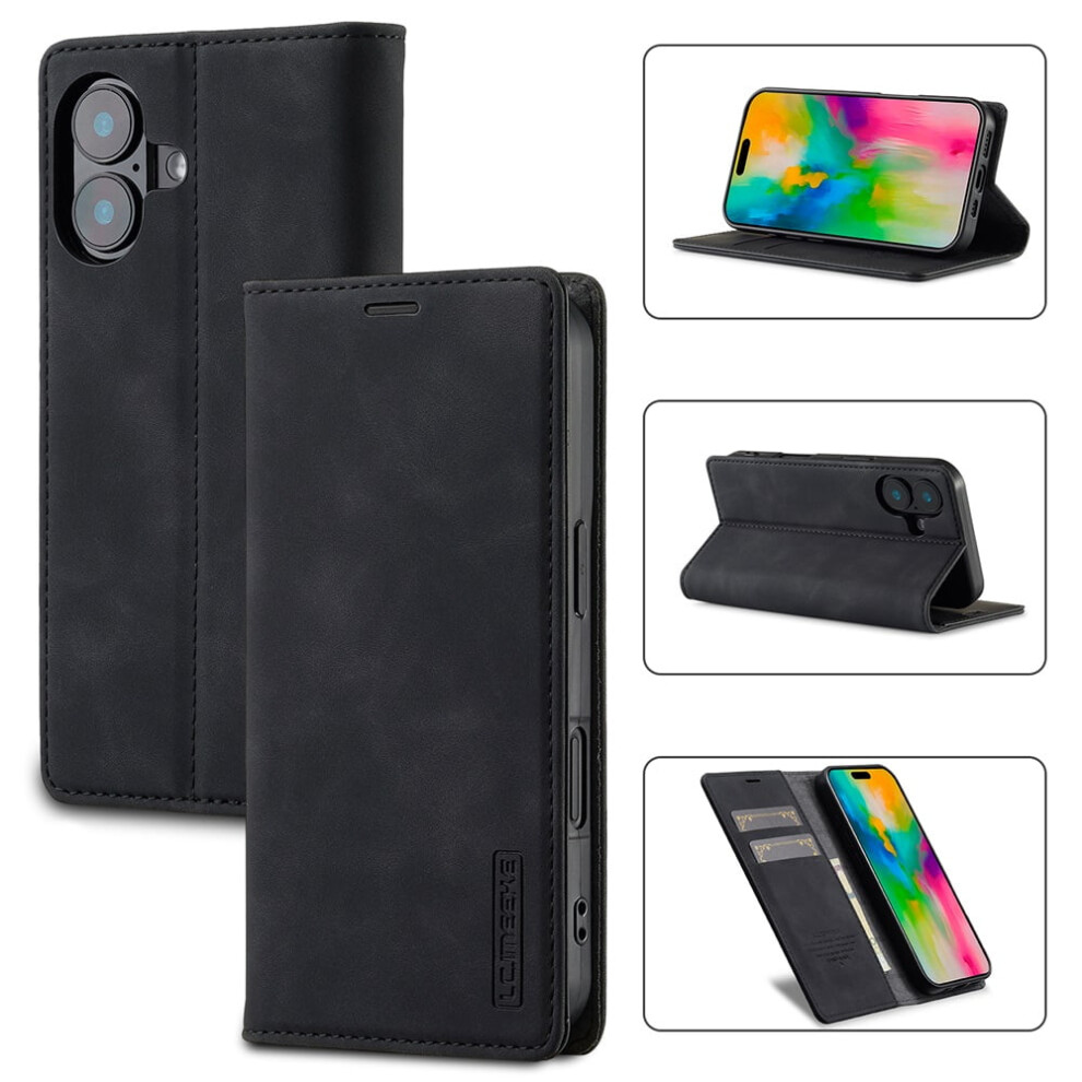 Lc.imeeke Leather Flip Wallet Case For Iphone 16 Â Magnetic Closure, Card Holder, Shockproof, Kickstand, Black 9558633040579