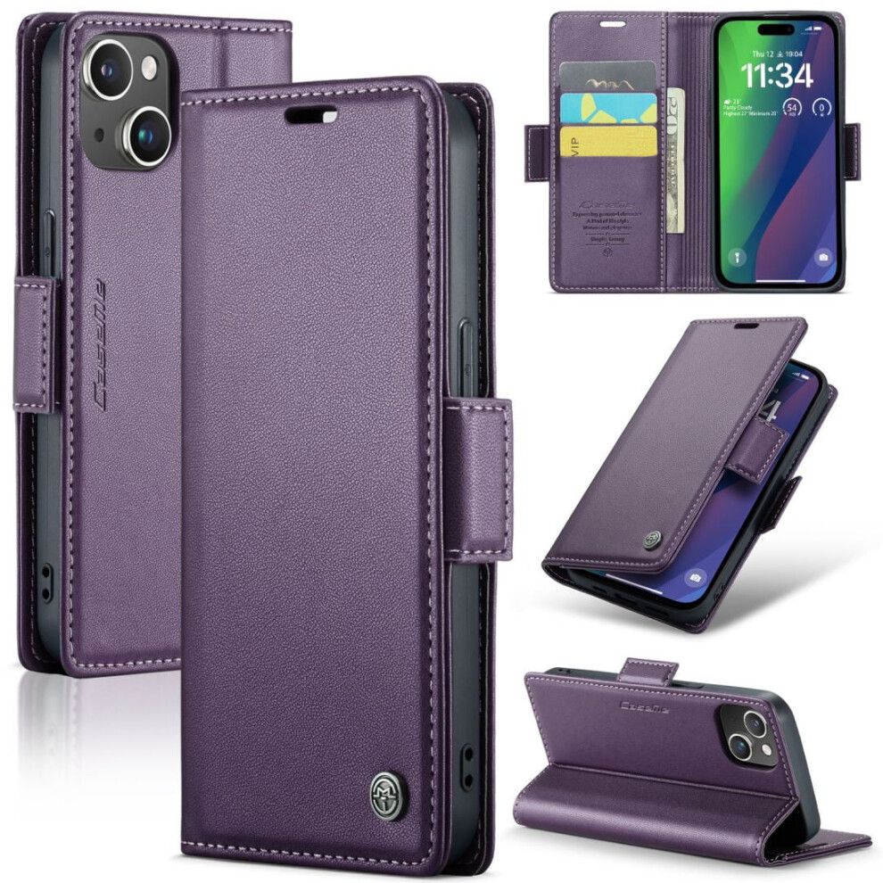 Caseme Leather Wallet Case For Iphone 15 Plus – Rfid Blocking, Magnetic Clasp, Kickstand, Purple 9558633041033