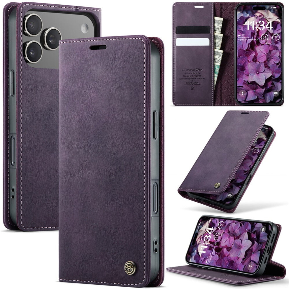 Caseme Calf Leather Wallet Case For Iphone 17 Pro 6.3" – Rfid Blocking, Magnetic Closure, Card/Cash Slots, Kickstand, Shockproof, Purple 9193271830795