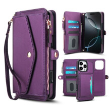 RFID Blocking 2-in-1 PU Leather Wallet Case for iPhone 13 Pro Max—Magnetic Flip, Multi-Card Slots, Zipper Pocket, Detachable Shoulder & Wrist