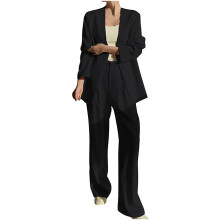 Women's Casual Lattice Color Suit Long Sleeve Blazer and Long Pants Two-piece Set Black