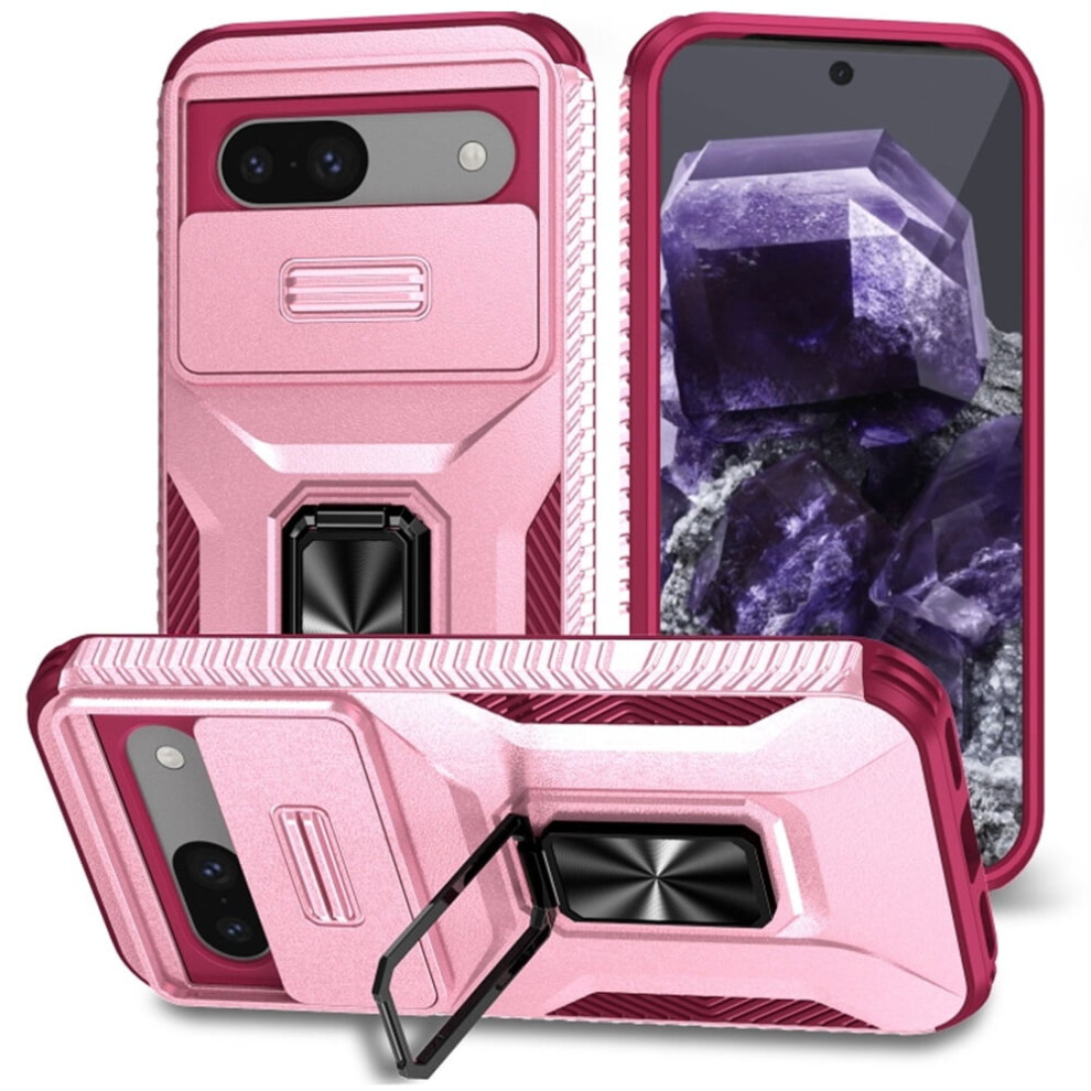Slim Shockproof Hybrid Case For Google Pixel 8A – Slide Camera Cover, Rotating Ring Kickstand, Military-Grade, Compatible With Google Pixel 8A Pink 9193271828907
