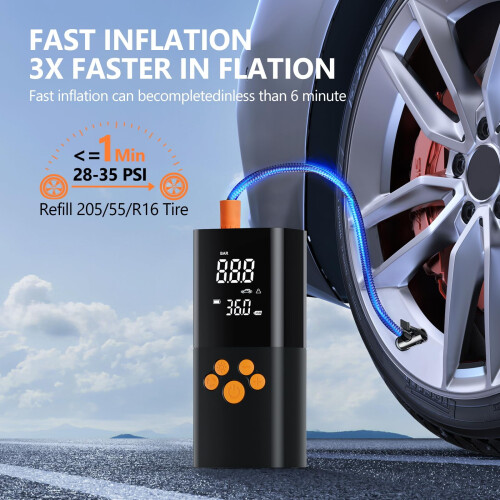 Φορητός Φουσκωτής Ελαστικών 180PSI με Μπαταρία, Έξυπνη Αντλία Αέρα & Μανόμετρο για 1