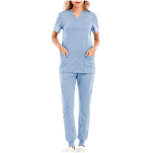 asdoklhq Scrubs for Women Solid Color Loose Drawstring Pants Pocket Caregiver Short Sleeve V-Neck Blouses Nursing Uniform Set Sky Blue L
