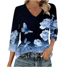 3/4-ärmade damtoppar, casual v-ringade skjortor, mjuka enkla t-shirts, affärsblusar, arbetsblusar