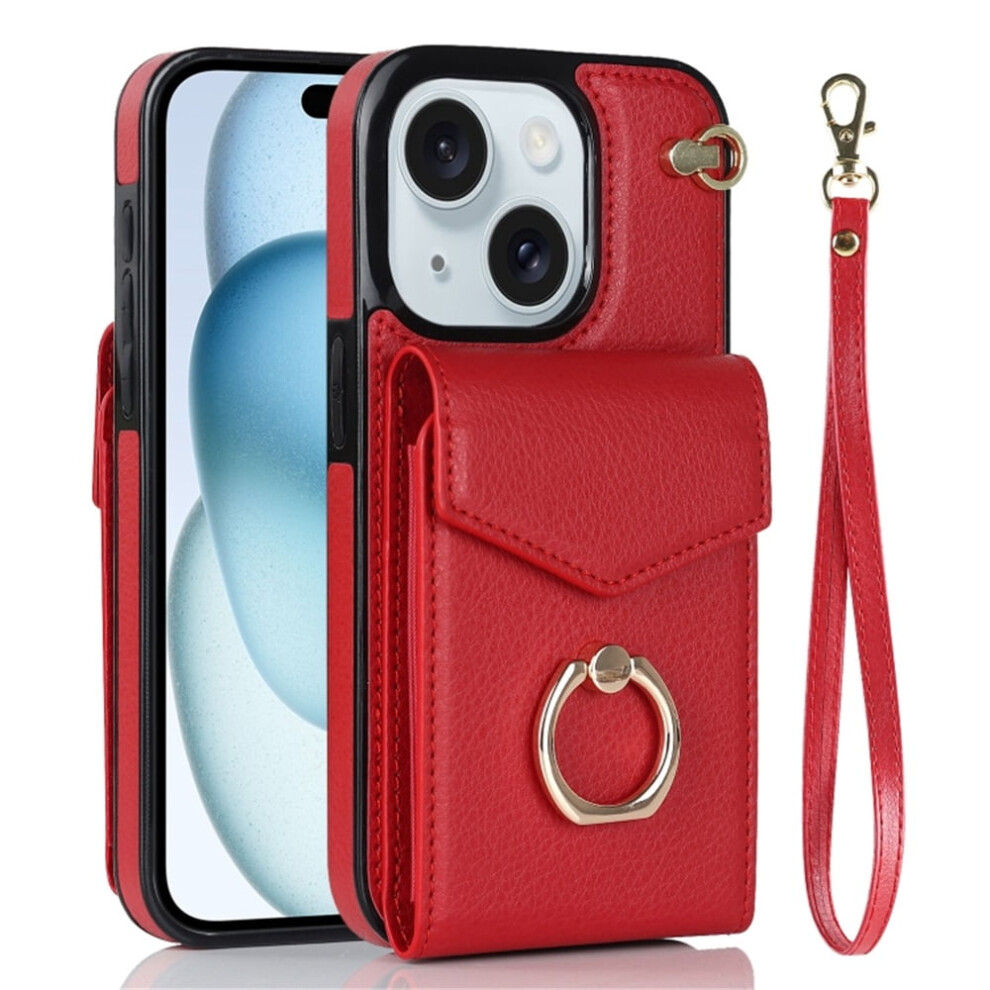 Premium Pu Leather Wallet Case For Iphone 14 Â Rfid Shielding, Adjustable Ring Holder & Wristband, Red 9418476689383