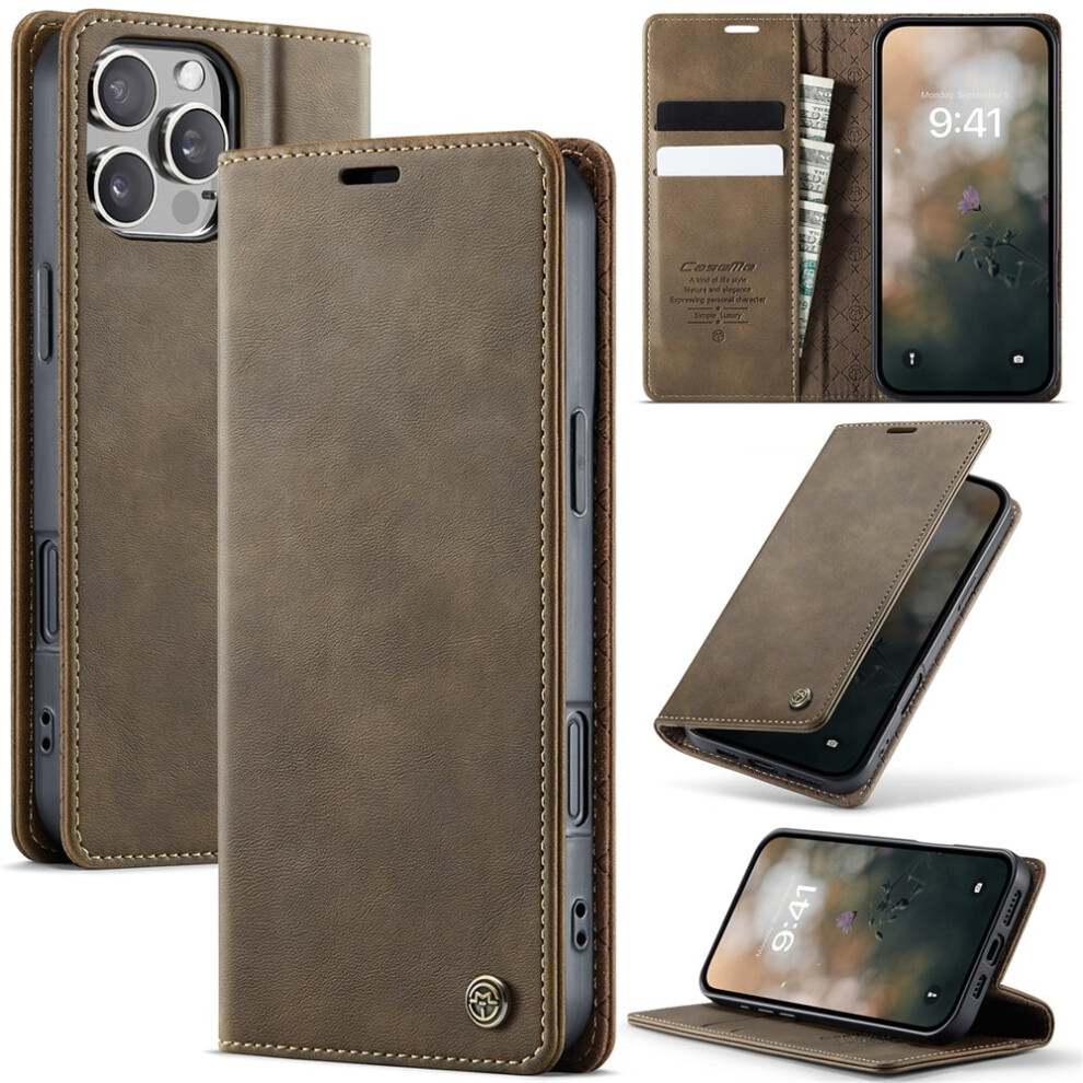 Caseme Calf Leather Wallet Case For Iphone 16 Pro Max 6.9" Â Rfid Blocking, Magnetic Closure, Card/Cash Slots, Kickstand, Shockproof, Brown 9485826628347