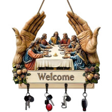 2D Flat Jesus & Disciples Wall Art Keychain Holder w/ 4 Metal Hooks – Rustic Farmhouse Religious Decor, Compatible with Home & Office