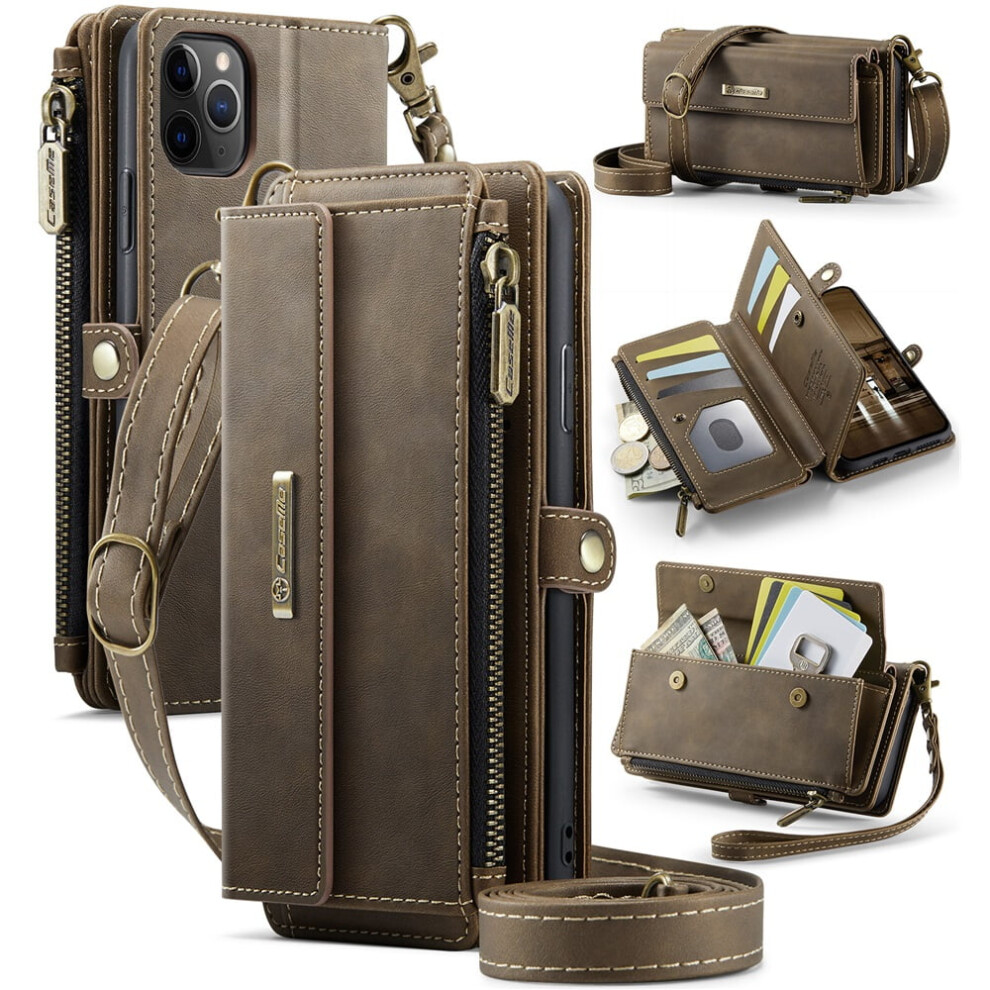 Caseme Wallet Case For Iphone 11 Pro 5.8", Rfid-Blocking Pu Leather, Kickstand, Wrist Strap, Zipper, Card Slots Â Coffee Brown 9485826628033