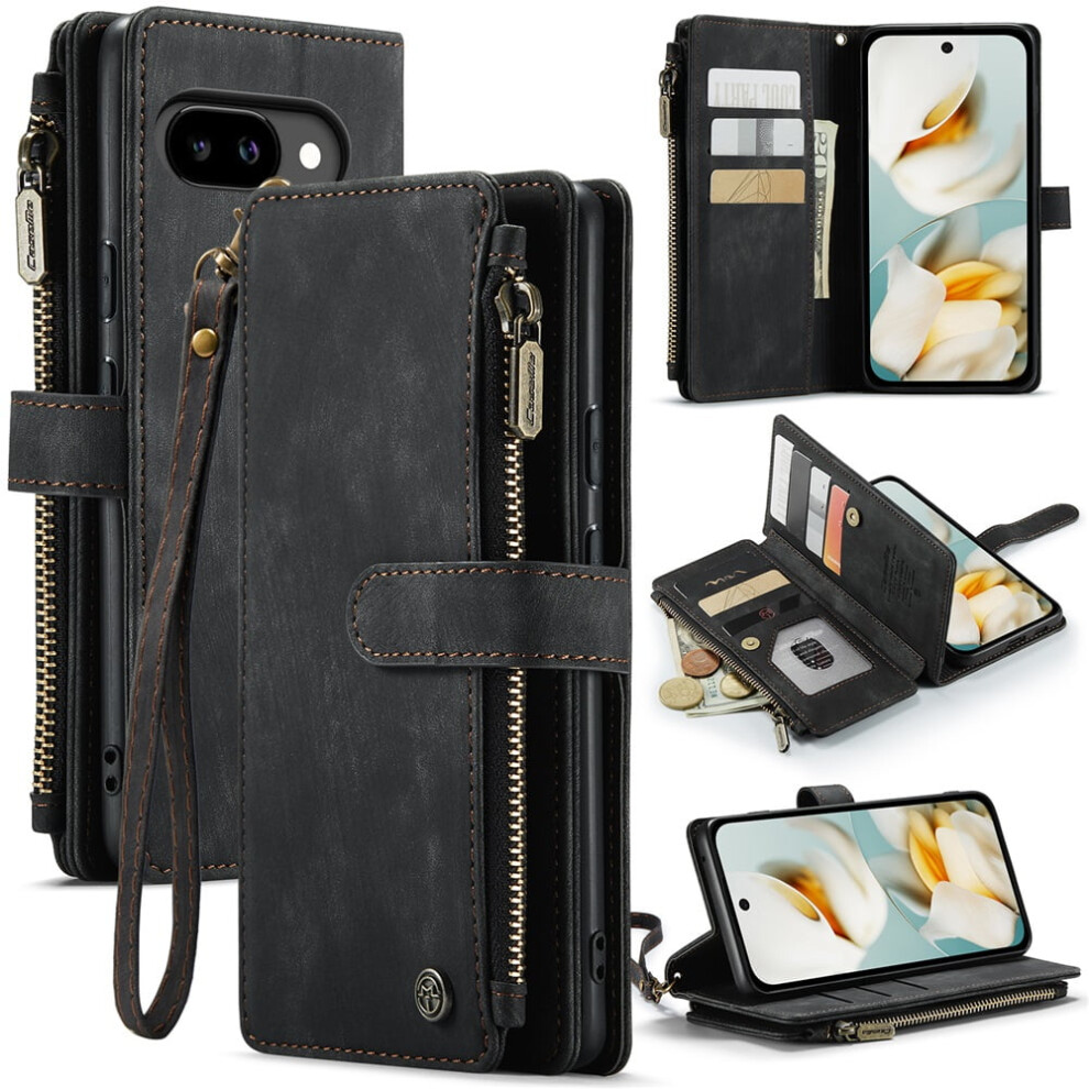Caseme Wallet Case For Google Pixel 9A (6.3") Â Pu Leather Magnetic Flip, Lanyard Strap, Wristlet & Zipper Card Holder, Compatible With Black 9418476689284