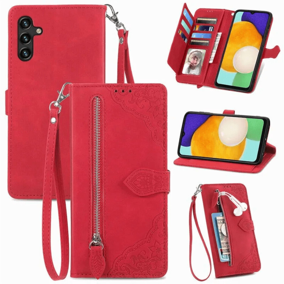Compatible With Samsung Galaxy A13 5G 6.5" Pu Leather Magnetic Flip Wallet Case With Lanyard, Wristlet & Zipper Card Holder 9485826628859