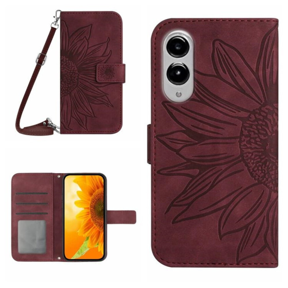 Sunflower Embossed Pu Leather Flip Wallet Case With Magnetic Closure, Card Slots & Hanging Rope For Samsung Galaxy S25 Edge 5G 6.7" – Wine Red 9485826628958