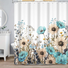 Rideau de douche à motif floral printanier, rideau de salle de bain imperméable en polyester à fleurs turquoise, 183 x 183 cm