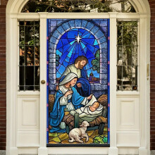Christmas Nativity Door Cover Jesus Holy Night Banner Xmas Door Sign Banner Religious Backdrop Decoration