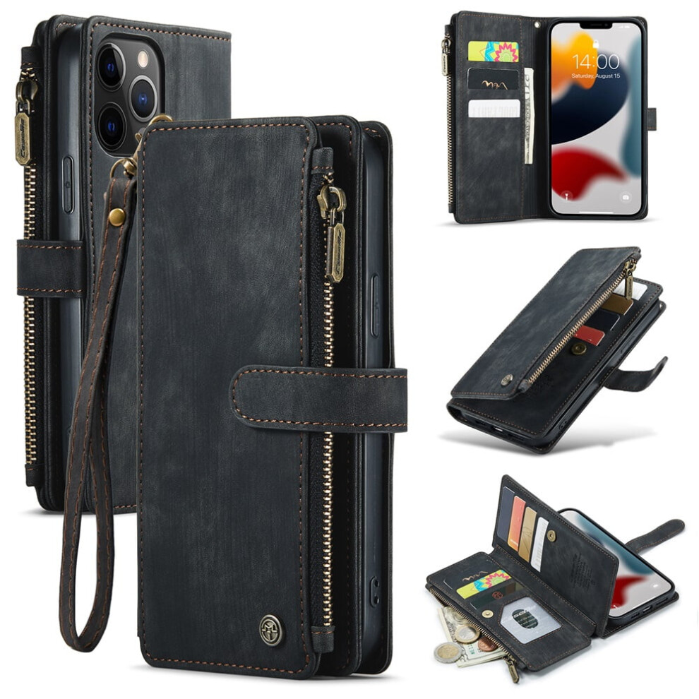 Caseme Wallet Case For Iphone 12 Pro MaxâPu Leather, Magnetic Flip, Lanyard Strap, Zipper Card Holder, Black 9152228525139