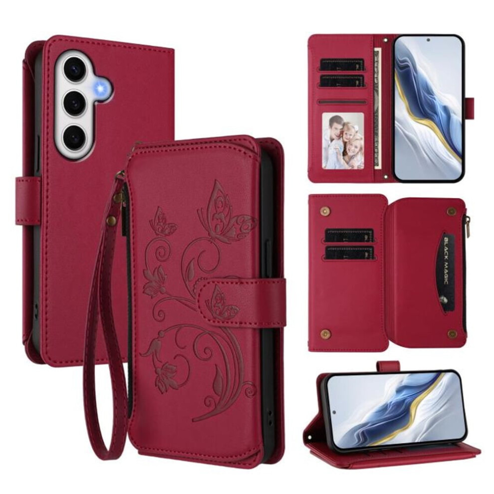 Magnetic Clasp Flip Stand Case For Compatible With Samsung Galaxy S23 Fe 5G Â With Lanyard, 5-Card Holder & Zipper Wallet Red 9418476686993