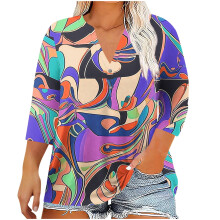 Blusa de mujer de talla grande estilo boho con estampado floral, cuello en V, tipo Henley, con botones, manga 3/4, estilo casual y holgado, ligera
