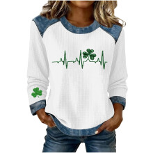 Damesweatshirt med Shamrock-kunsttryk og St. Patricks Day-motiv, grøn sweatshirt med Shamrock-motiv