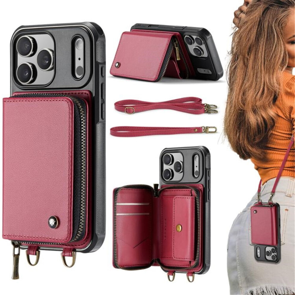 Wallet Case Compatible With Iphone 17 Pro 6.3" Â Rfid Blocking, Card Slots, Kickstand, Wrist Strap, Lanyard, Zipper Â Wine Red 9193271829997