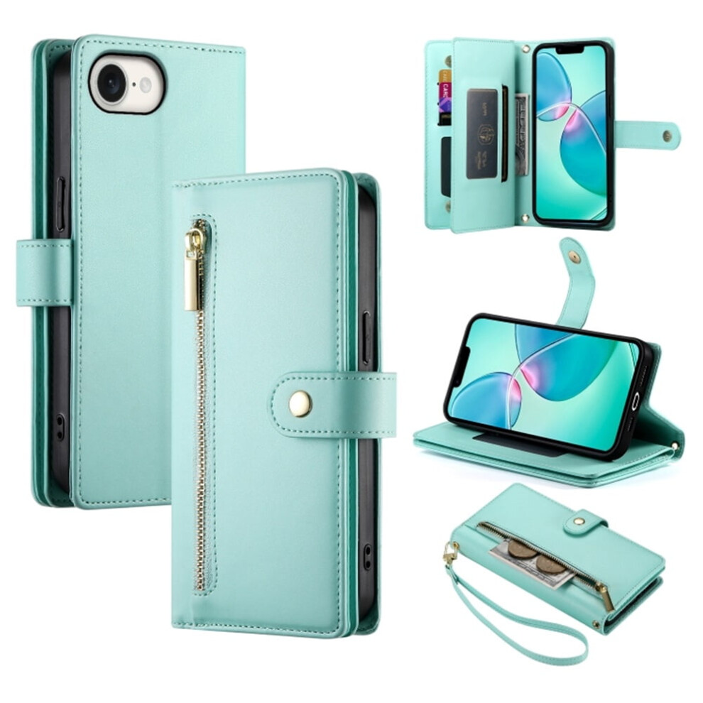 Leather Wallet Case For Iphone 16E (6.1") Â Multi-Card Slots, Zipper Pocket, Lanyard Strap, Wristlet Â Compatible With Iphone 16E Green 9418476686887