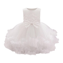 Baby Girls Summer Sleeveless Round Neck Dress Bow Tie Wave Hem Solid Color Princess Baptism Party Outfit