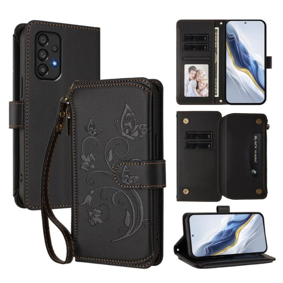 Magnetic Clasp Flip Stand Case For Compatible With Samsung Galaxy A33 5G Â With Lanyard, 5-Card Holder & Zipper Wallet Black 9418476686924