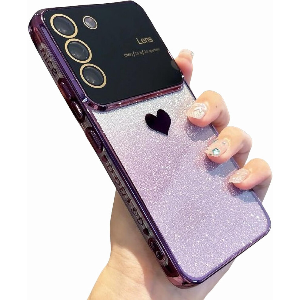 Compatible With Samsung Galaxy S22 Â Gradient Glitter Heart Phone Case, Dark Full Camera Protection Purple 9418476691201