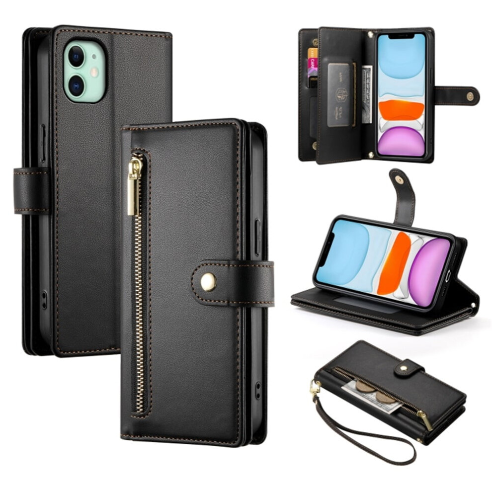 Iphone 11 6.1" Wallet Case Â Leather, Multi-Card Slots, Zipper Pocket, Lanyard Strap, Compatible With Iphone 11 Black 9152228524521