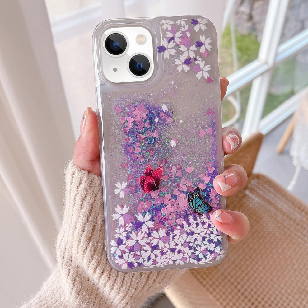 Compatible With Iphone 15 Glitter Liquid Quicksand Case Â Sparkle Butterfly Flower Transparent Tpu Cover For Women & Girls Light 9152228526839