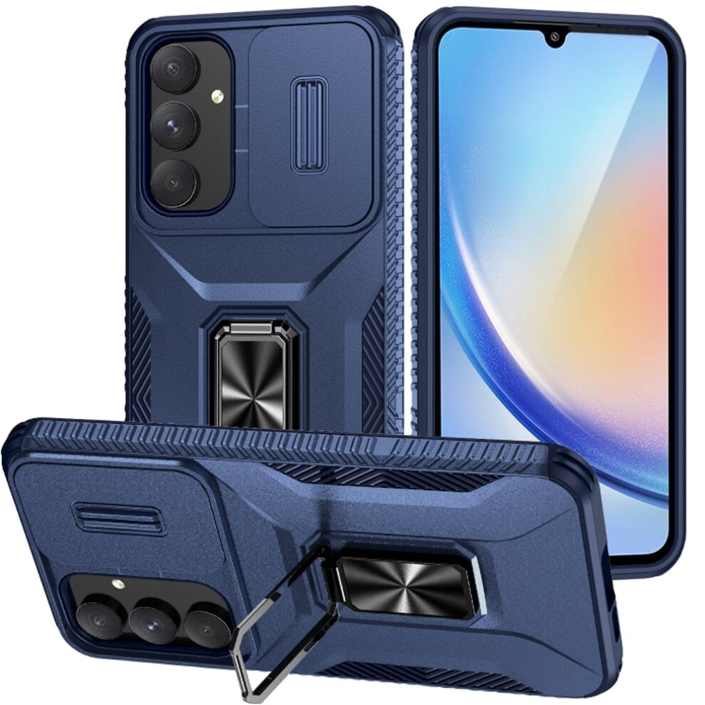 Slim Fit Shockproof Hybrid Case For Samsung Galaxy A35 5G, Military-Grade, Slide Camera Cover & Rotated Ring Kickstand, Blue 9170372133819